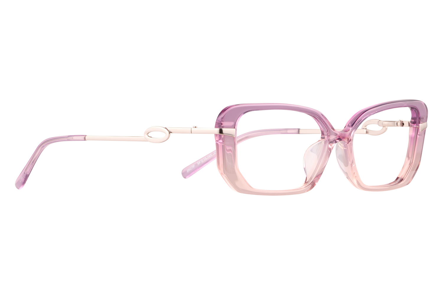 Pink translucent eyeglasses with large rounded frames and white temples accessory style image of fashion eyewear, on white bg.