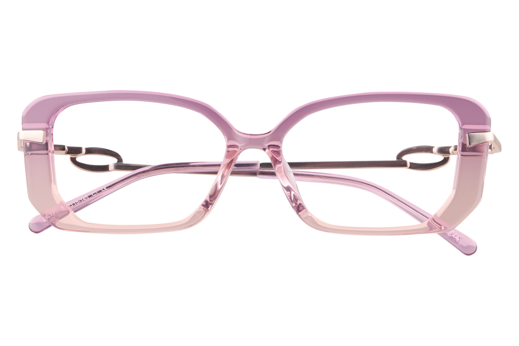 Pink rectangular eyeglasses with metal accents and a black chain, fashion eyewear display