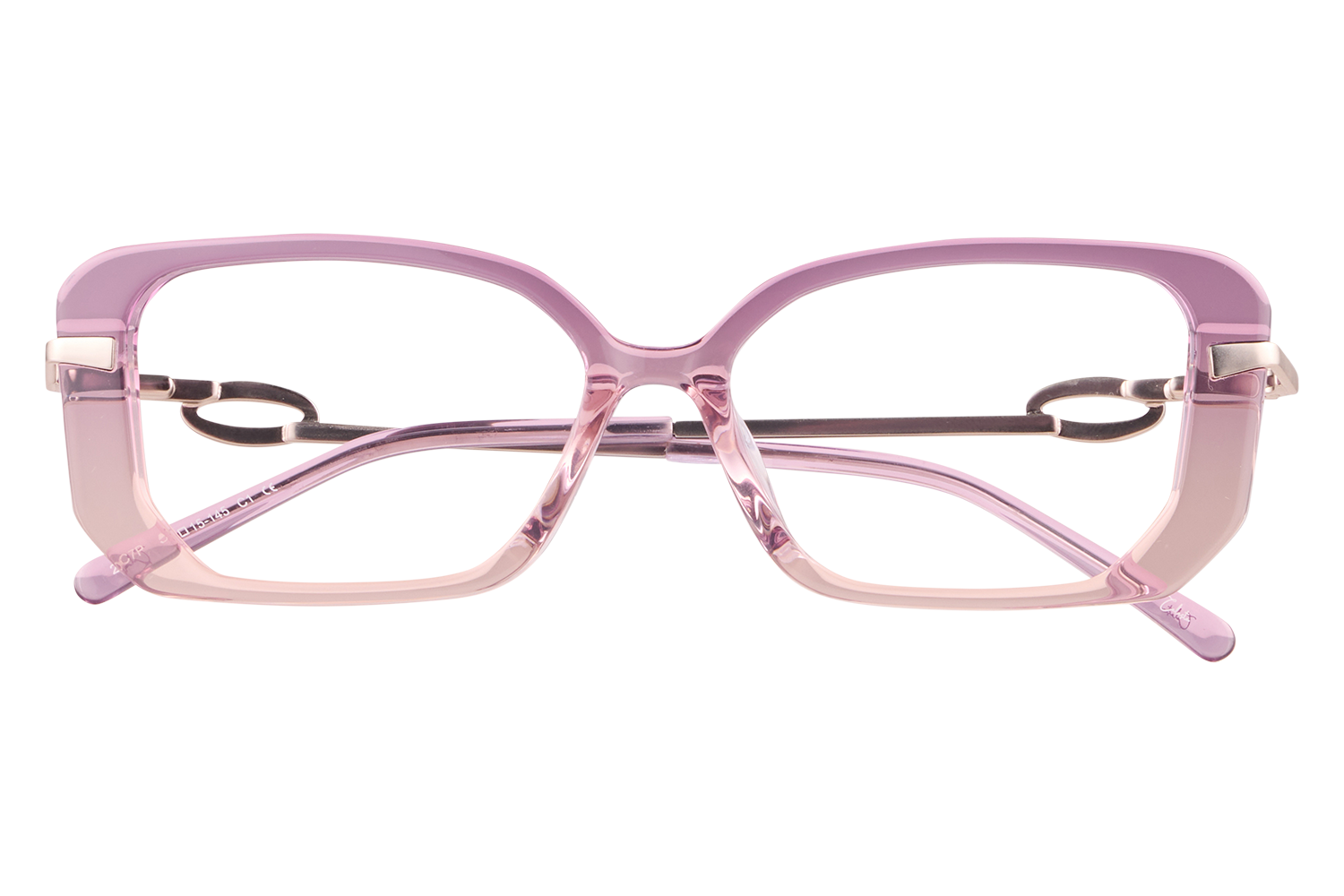 Pink rectangular eyeglasses with metal accents and a black chain, fashion eyewear display