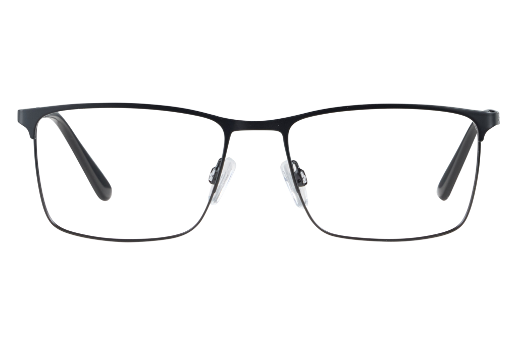 Black metal-framed eyeglasses with clear nose pads resting on a white surface, viewed head-on.