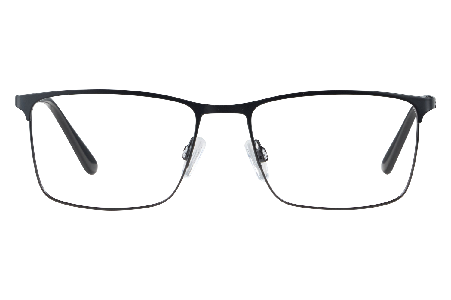 Black metal-framed eyeglasses with clear nose pads resting on a white surface, viewed head-on.