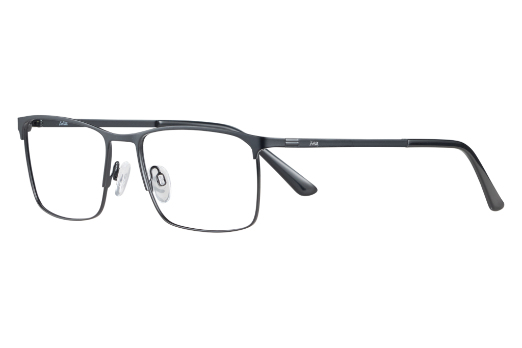 Black rectangular eyeglasses with a metal frame and clear nose pads resting on a light surface