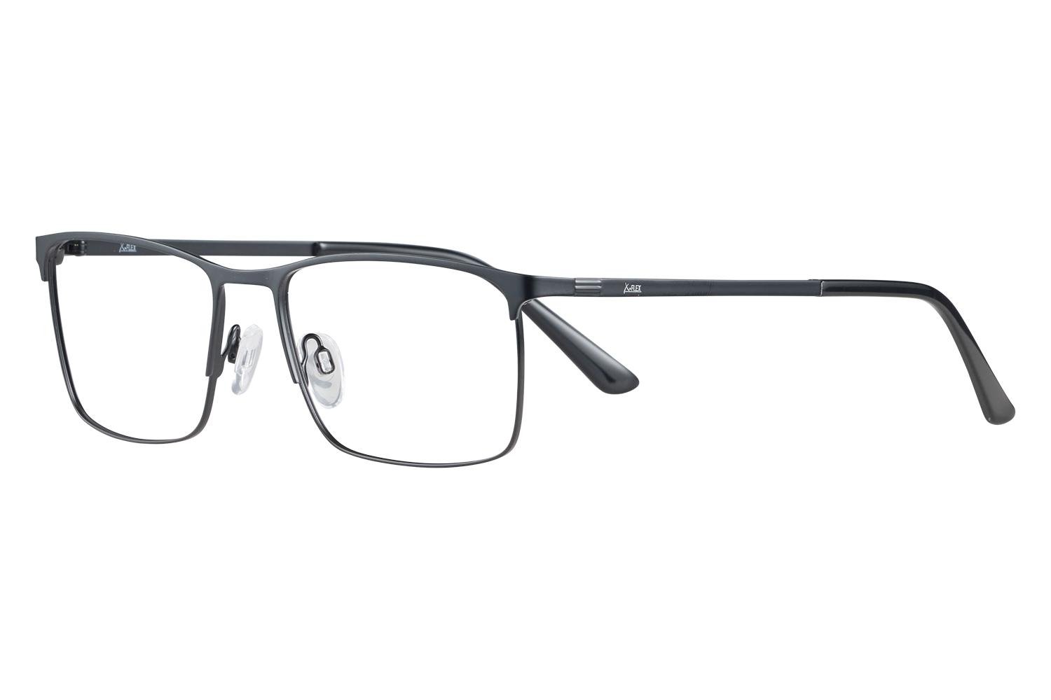 Black rectangular eyeglasses with a metal frame and clear nose pads resting on a light surface