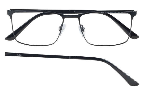 Front view of a black rectangular eyeglasses frame with adjustable clear nose pads and thin rims.