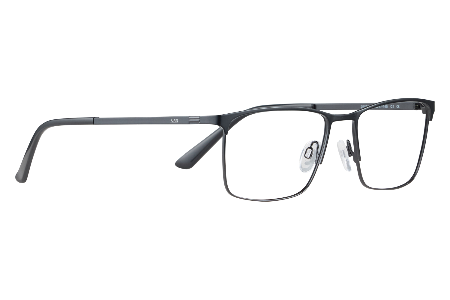 Close-up of black rectangular eyeglasses with clear nose pads resting on a light surface; metal frame with subtle branding on the temple.