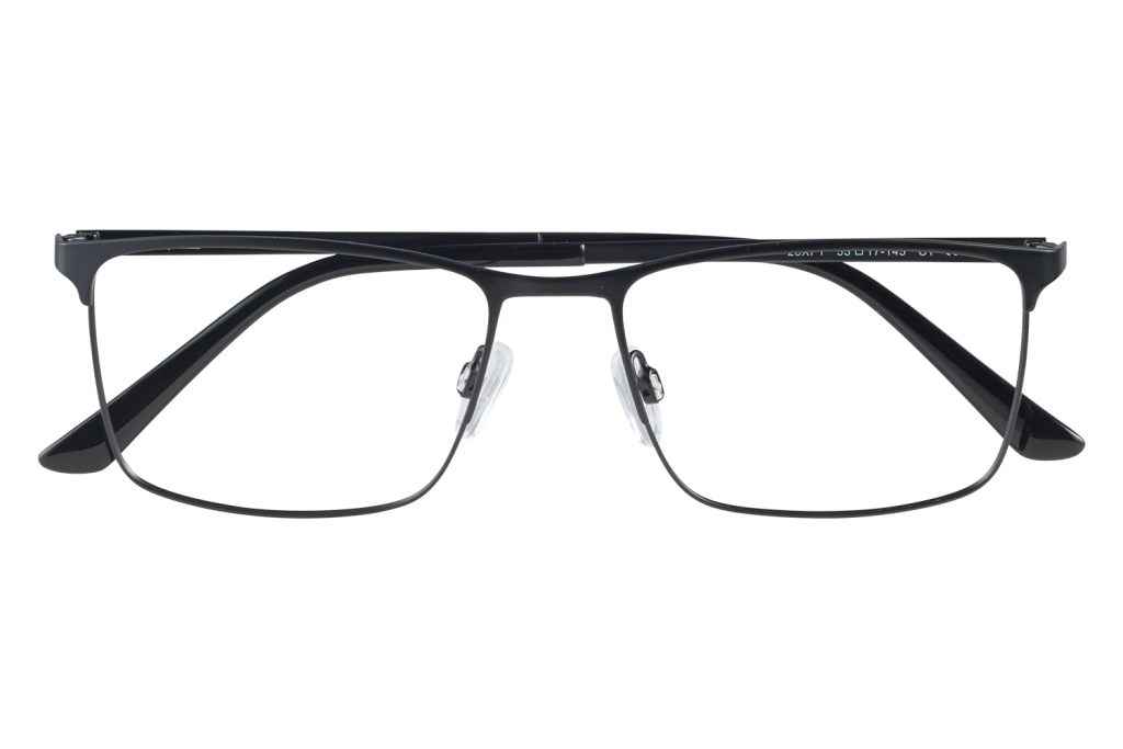 Black framed eyeglasses displayed on a clear stand against a light background, lenses facing forward and temples extended to the sides.
