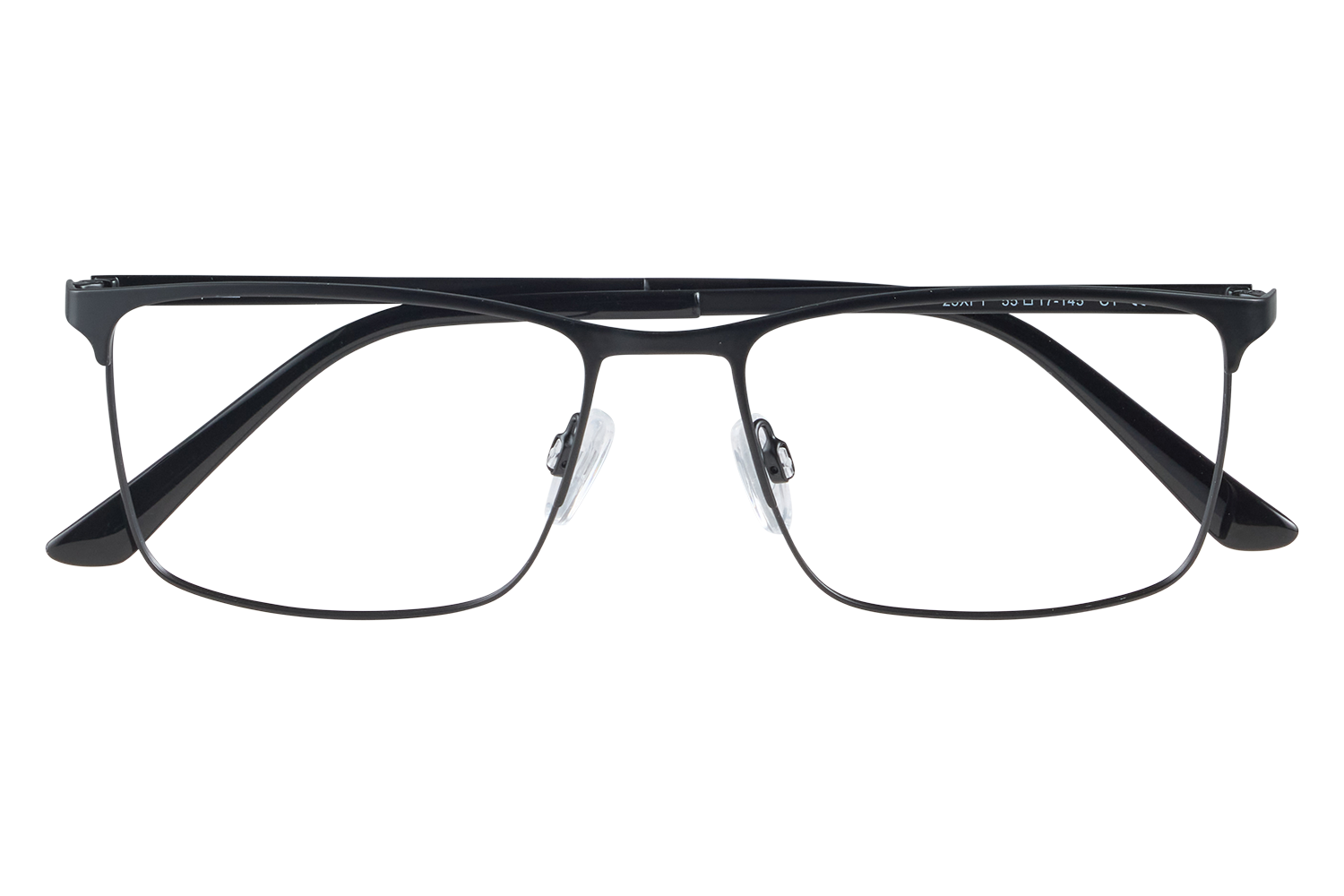 Black framed eyeglasses displayed on a clear stand against a light background, lenses facing forward and temples extended to the sides.