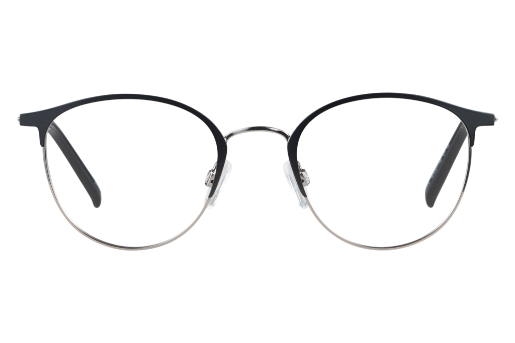 Round metal-framed eyeglasses with black upper frame and clear lenses, nose pads visible, resting on a white surface.
