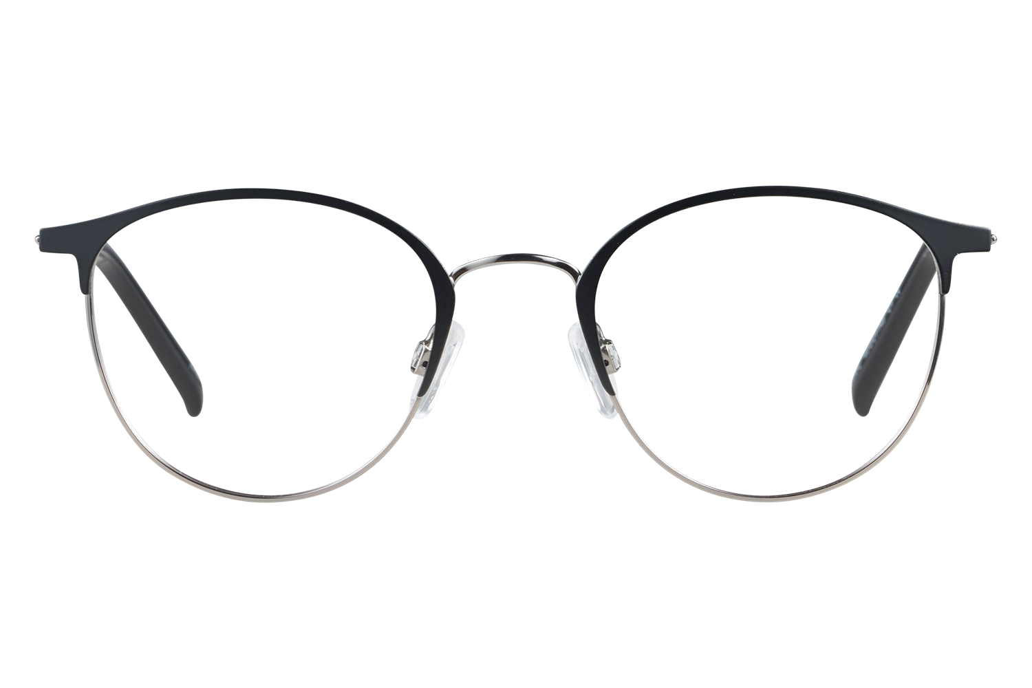 Round metal-framed eyeglasses with black upper frame and clear lenses, nose pads visible, resting on a white surface.