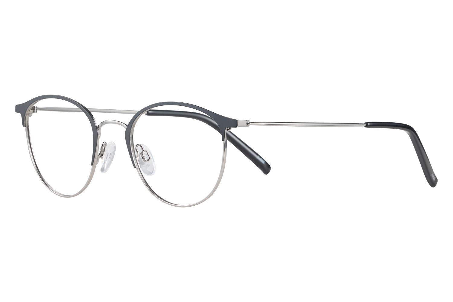 Pair of round metal-frame eyeglasses with adjustable nose pads resting on a light surface.
