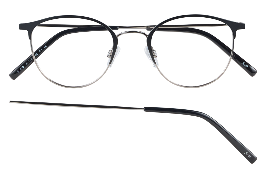 Black-framed round eyeglasses with metal rims and clear nose pads, arms extended outward.