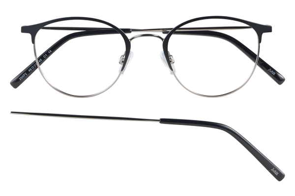 Black-framed round eyeglasses with metal rims and clear nose pads, arms extended outward.
