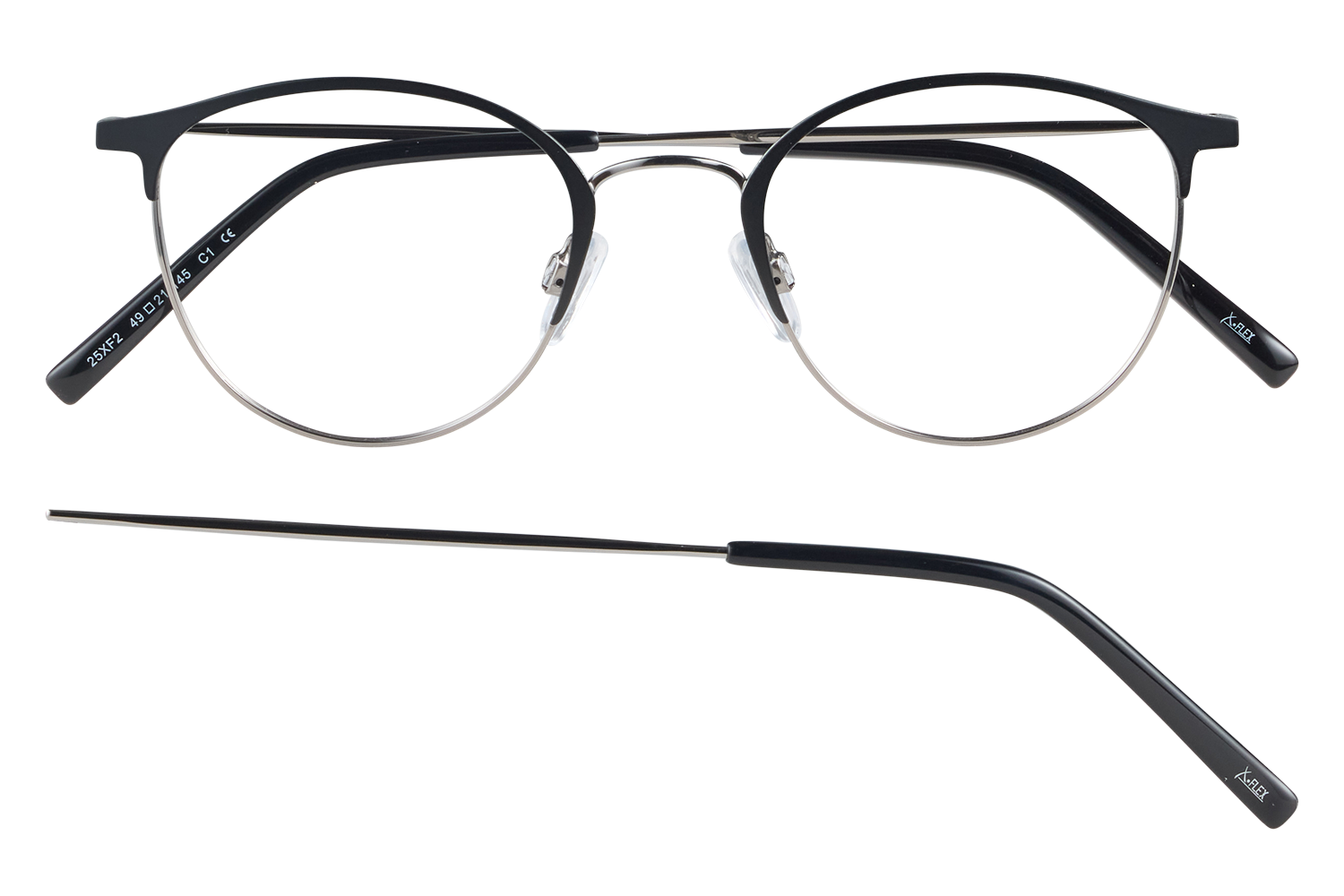Black-framed round eyeglasses with metal rims and clear nose pads, arms extended outward.
