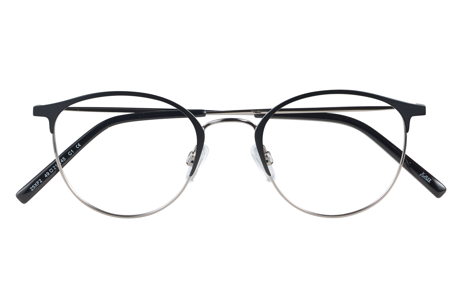 Eyeglasses with round metal frames and dark upper rims resting on a clear glass stand.