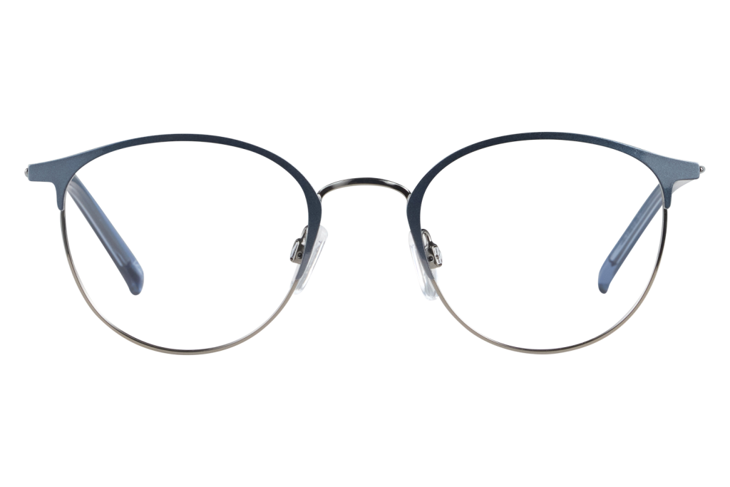 Close-up of blue, round eyeglasses with nose pads on a white surface.