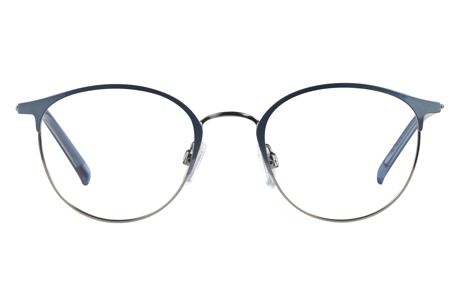 Close-up of blue, round eyeglasses with nose pads on a white surface.