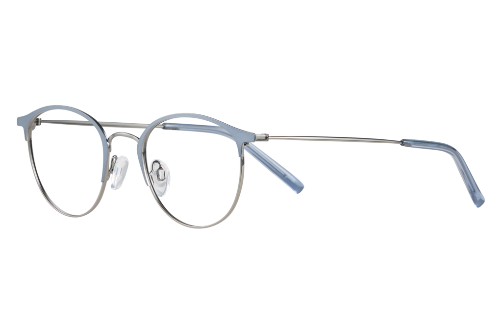 Blue metal eyeglasses with round rims and light blue temples on a light surface, close-up view to highlight frame details.