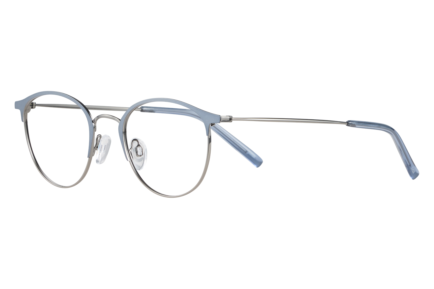 Blue metal eyeglasses with round rims and light blue temples on a light surface, close-up view to highlight frame details.