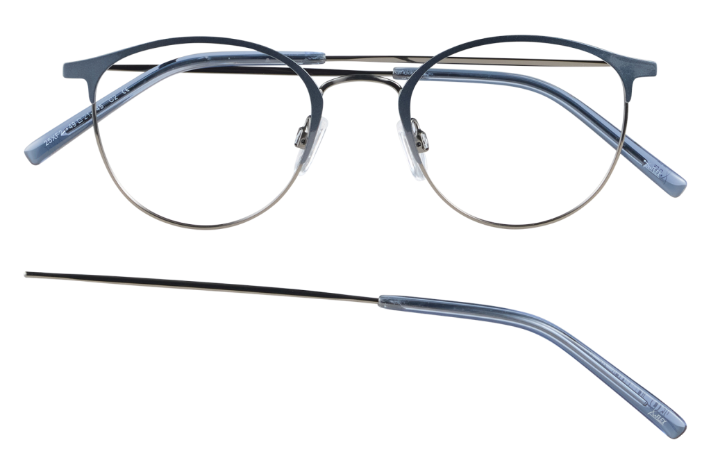 Blue round-metal eyeglasses with clear nose pads and blue temples, shown from front with one temple detached below.