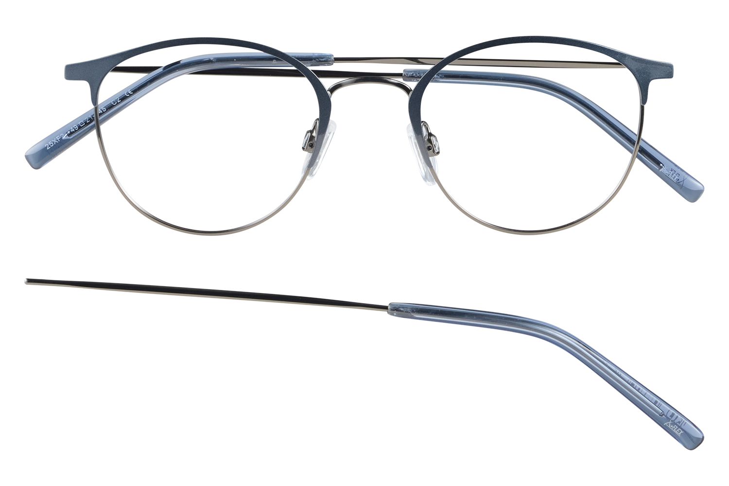 Blue round-metal eyeglasses with clear nose pads and blue temples, shown from front with one temple detached below.