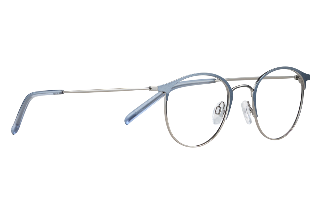 Blue metal-rimmed eyeglasses with clear nose pads resting on a white surface