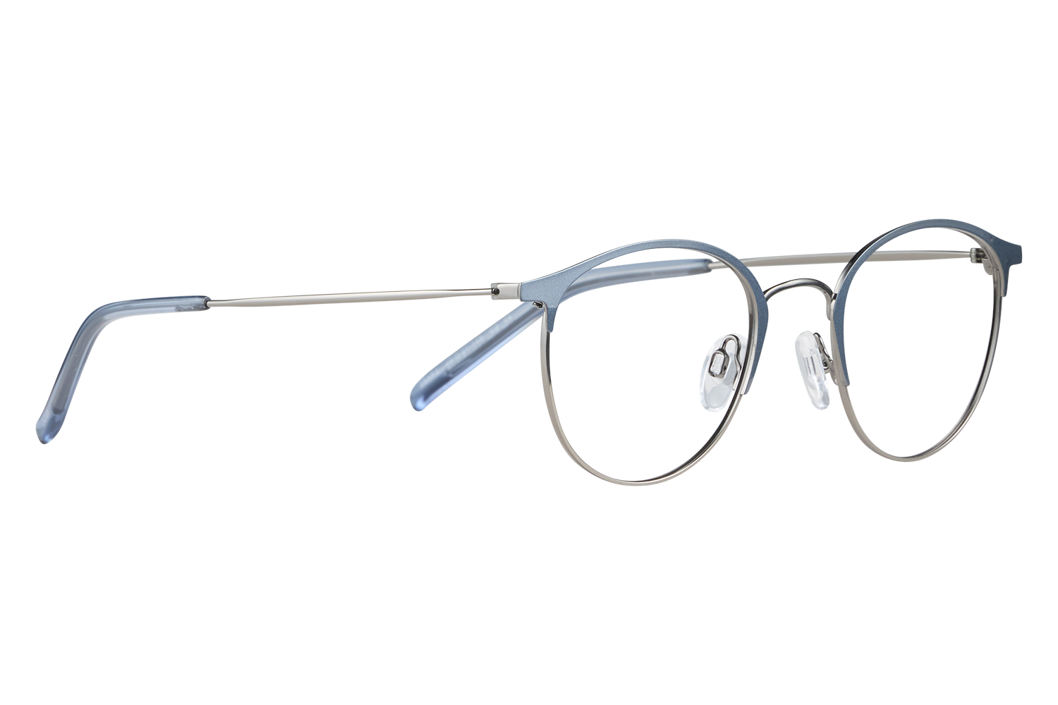Blue metal-rimmed eyeglasses with clear nose pads resting on a white surface