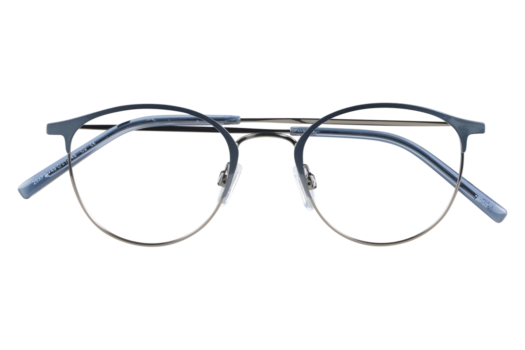 Blue round eyeglasses with metal rims resting on a clear stand against a light background.