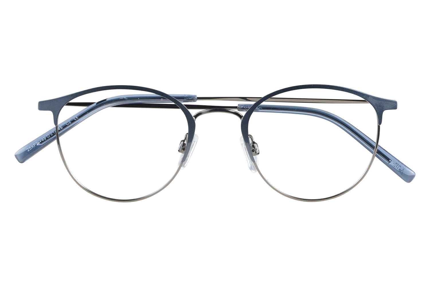 Blue round eyeglasses with metal rims resting on a clear stand against a light background.