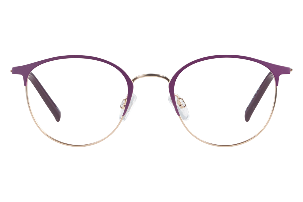 Purple and gold metal-framed eyeglasses resting on a white surface, viewed head-on from the front.