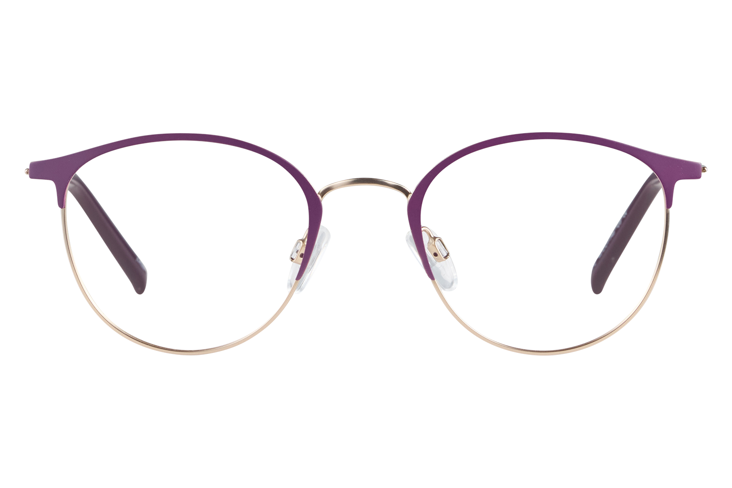 Purple and gold metal-framed eyeglasses resting on a white surface, viewed head-on from the front.