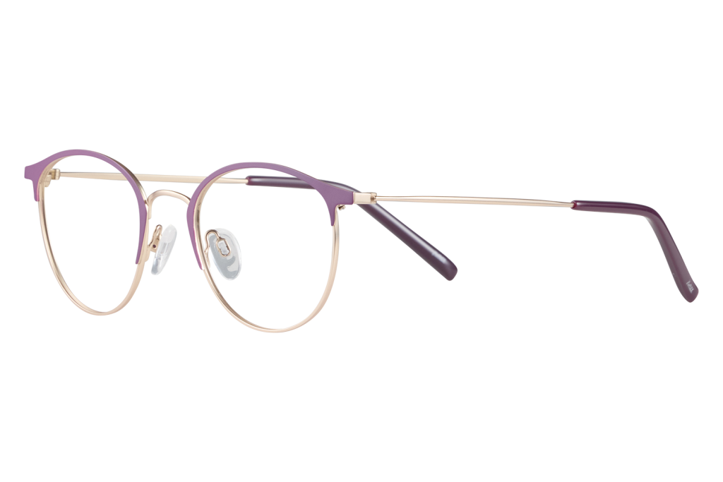 Purple-framed eyeglasses with gold rims and clear lenses resting on a white surface.