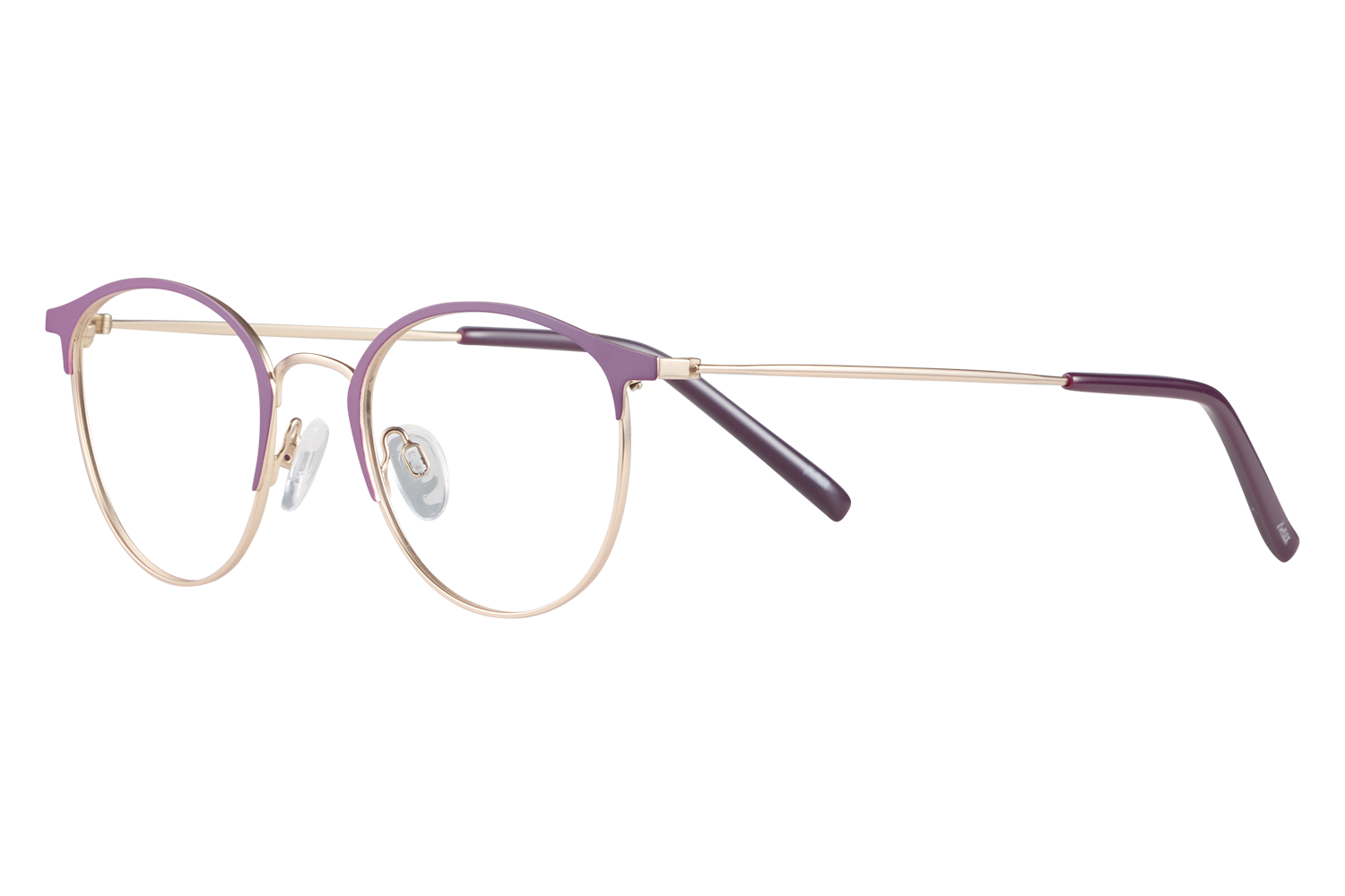 Purple-framed eyeglasses with gold rims and clear lenses resting on a white surface.