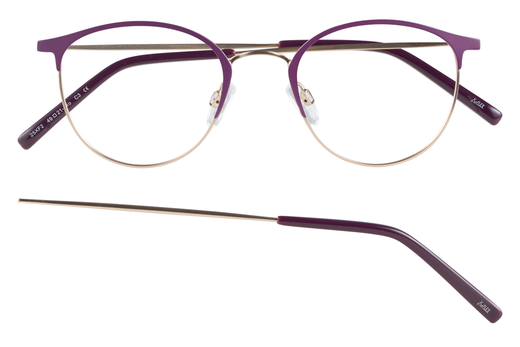 Purple-framed eyeglasses with gold rims and clear nose pads, shown from the front and side.