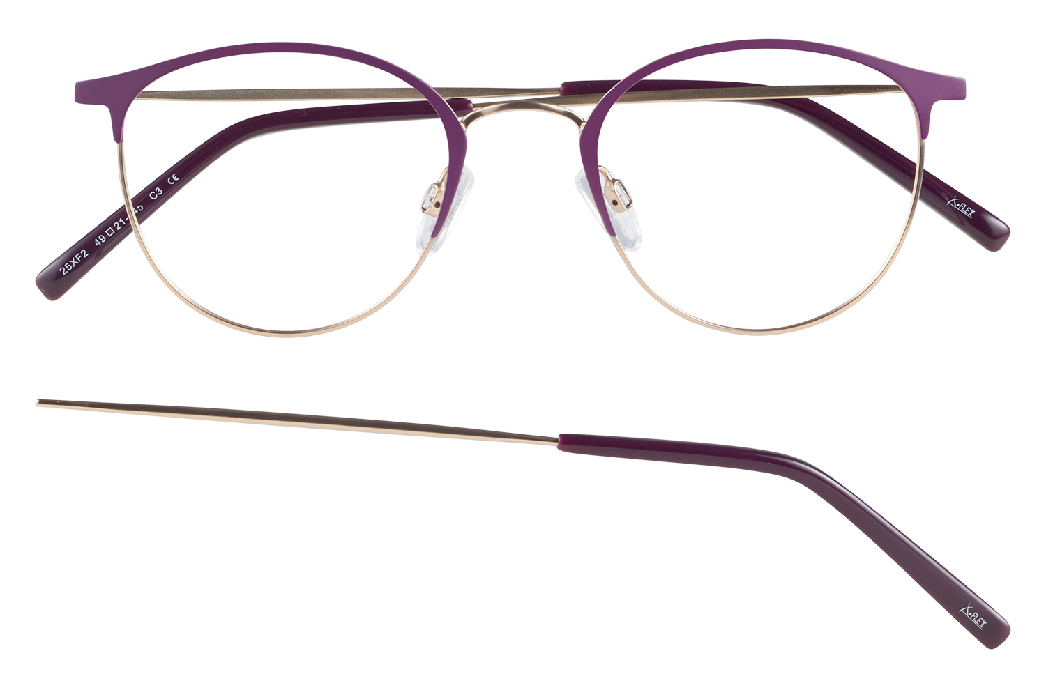 Purple-framed eyeglasses with gold rims and clear nose pads, shown from the front and side.