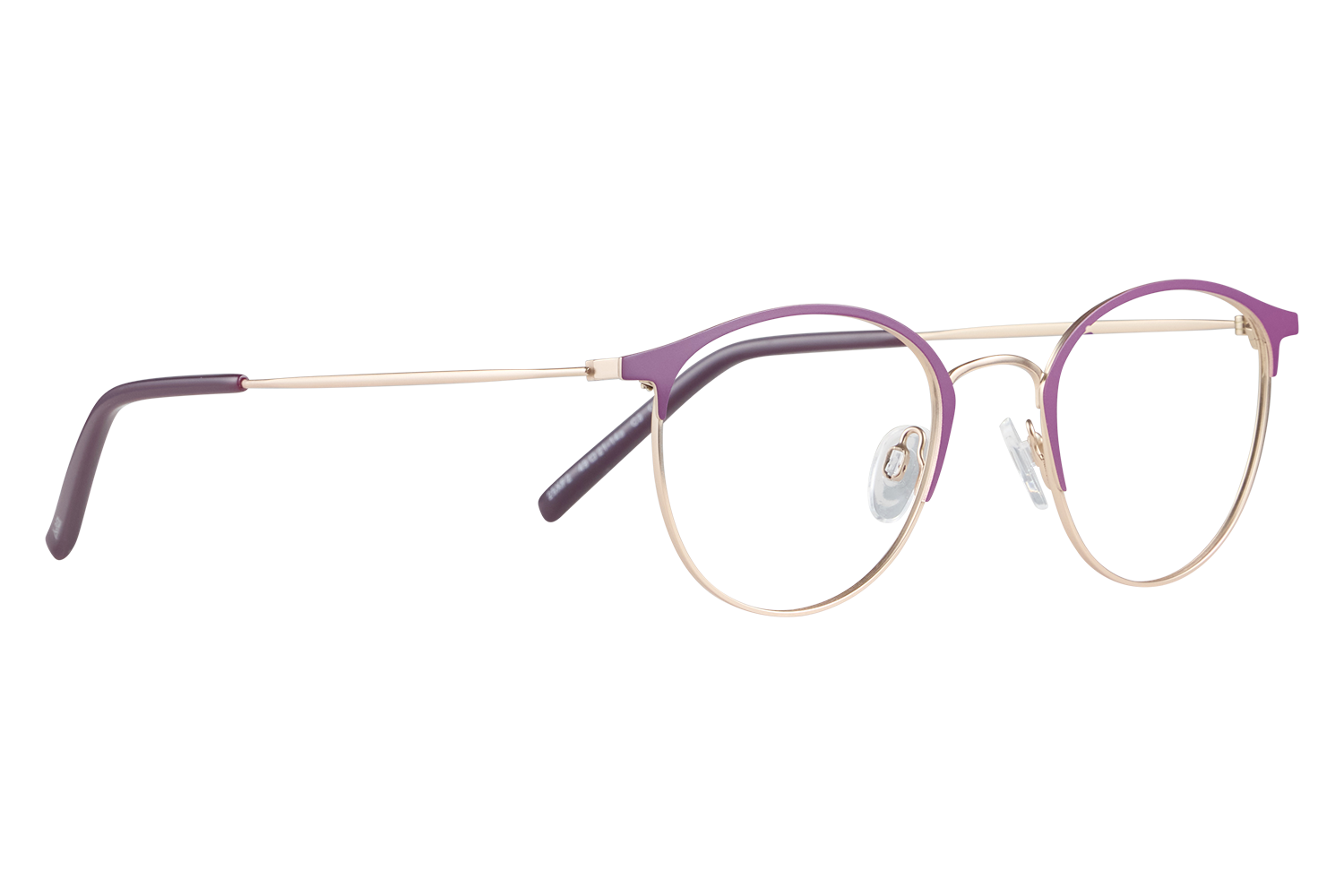 Purple-framed eyeglasses with gold rims and clear nose pads resting on a light surface against a gray backdrop