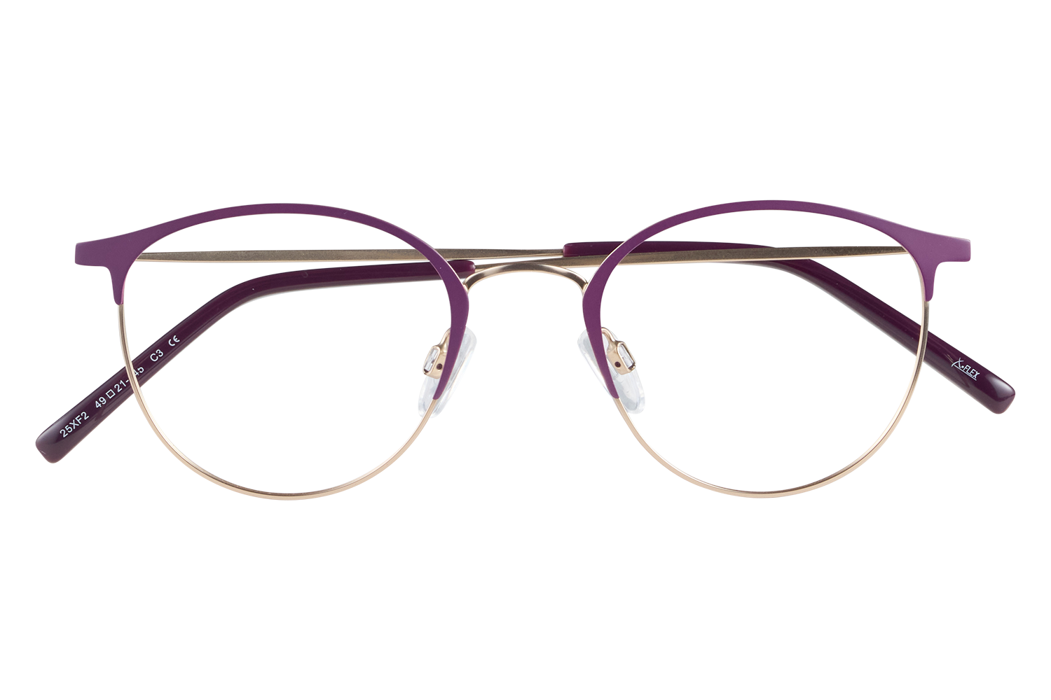 Purple-framed eyeglasses with gold wire rims resting on a clear glass block, front view