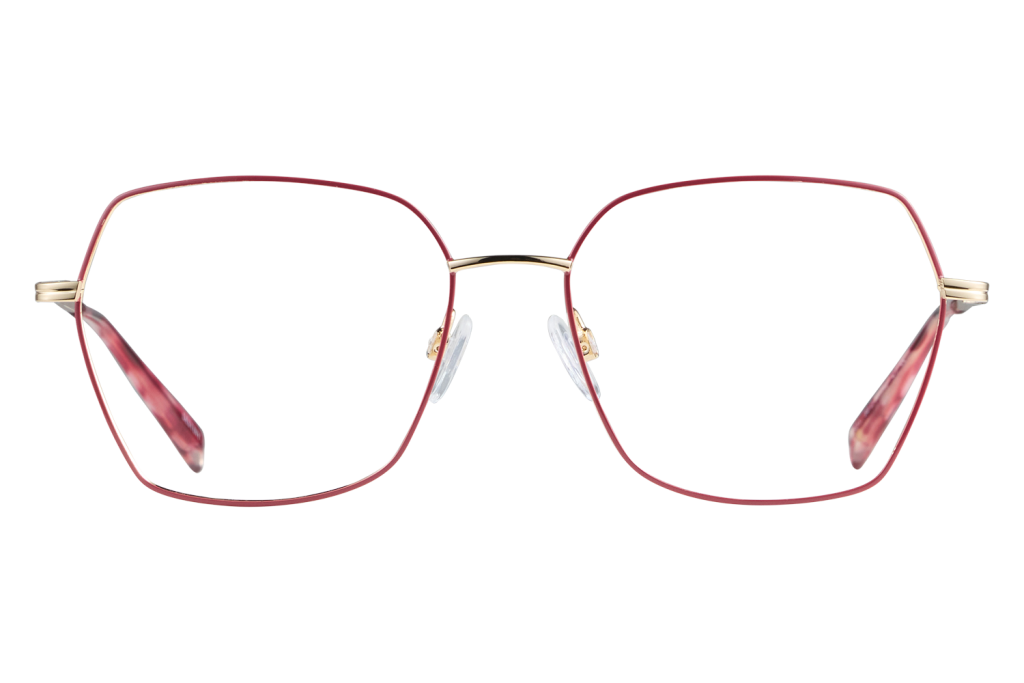 Red metal eyeglasses with a gold bridge and clear nose pads on a gray background