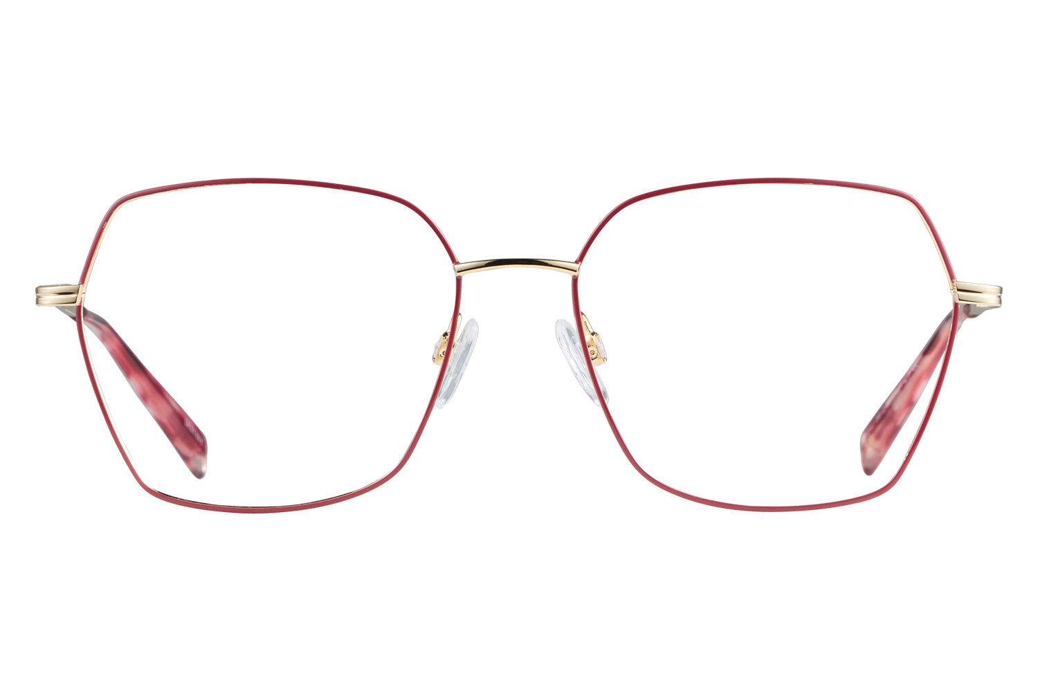 Red metal eyeglasses with a gold bridge and clear nose pads on a gray background