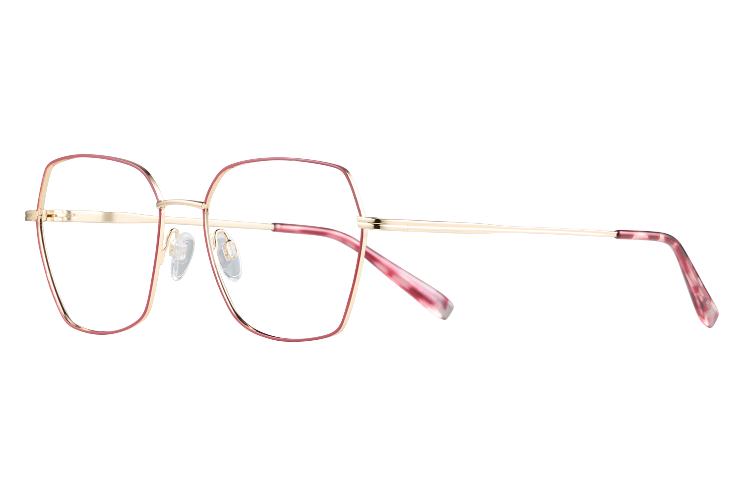 Pink-rimmed eyeglasses with gold temples resting on a light surface against a gray background