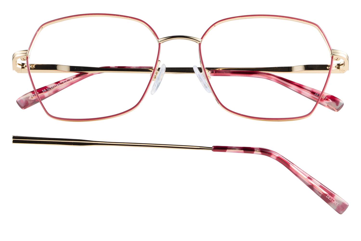 Disassembled gold-rimmed glasses with pink temples, laid out showing front frame and one temple detached on a black background.
