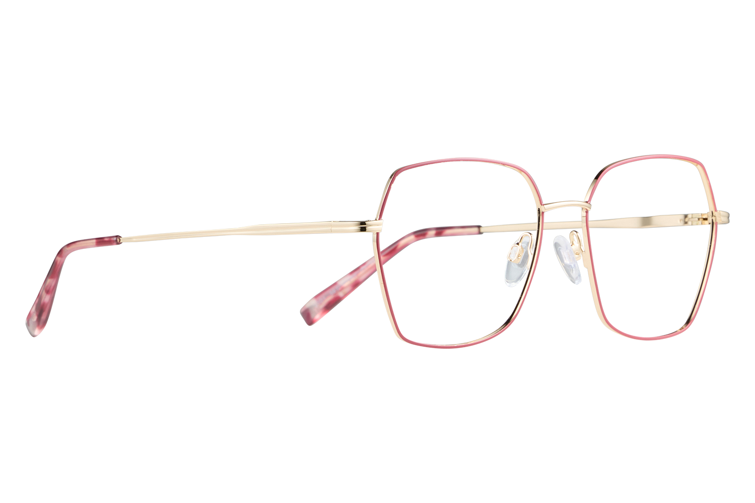 Gold-framed eyeglasses with pink rims and clear nose pads on a white surface to the right of center.