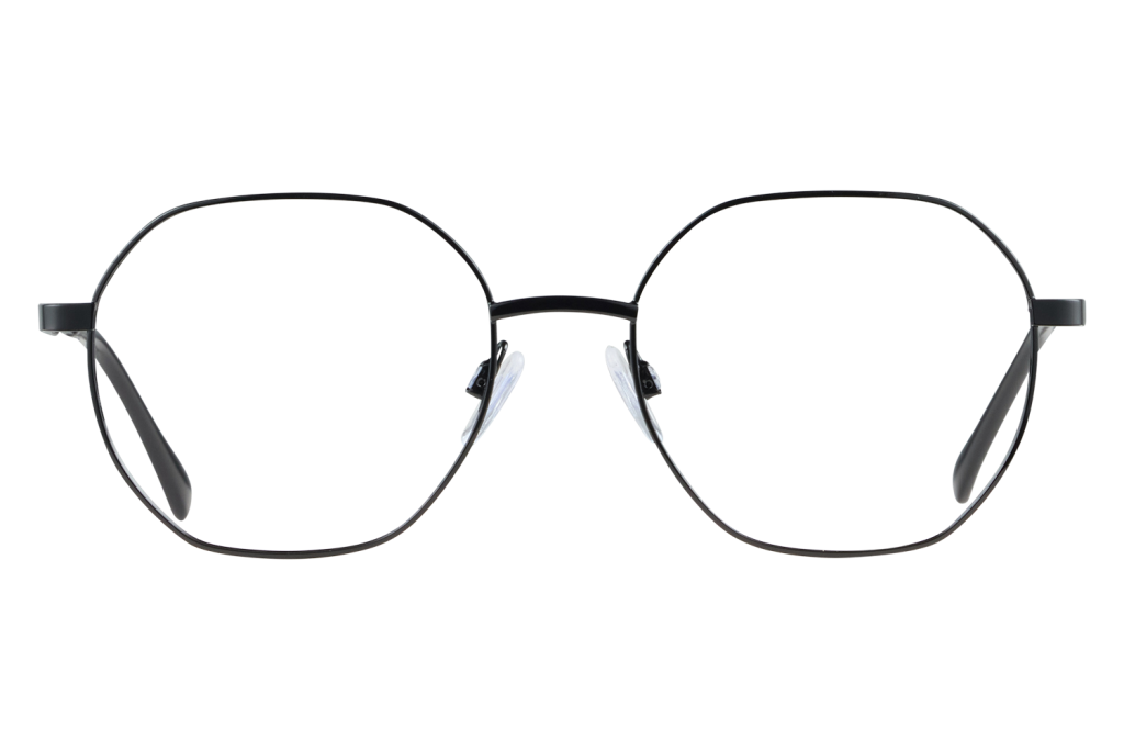 Close-up of round metal-framed eyeglasses facing the camera, nose pads visible against a gray background.