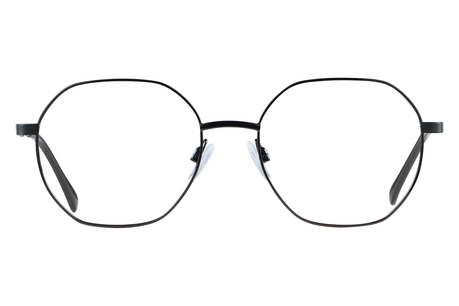Close-up of round metal-framed eyeglasses facing the camera, nose pads visible against a gray background.