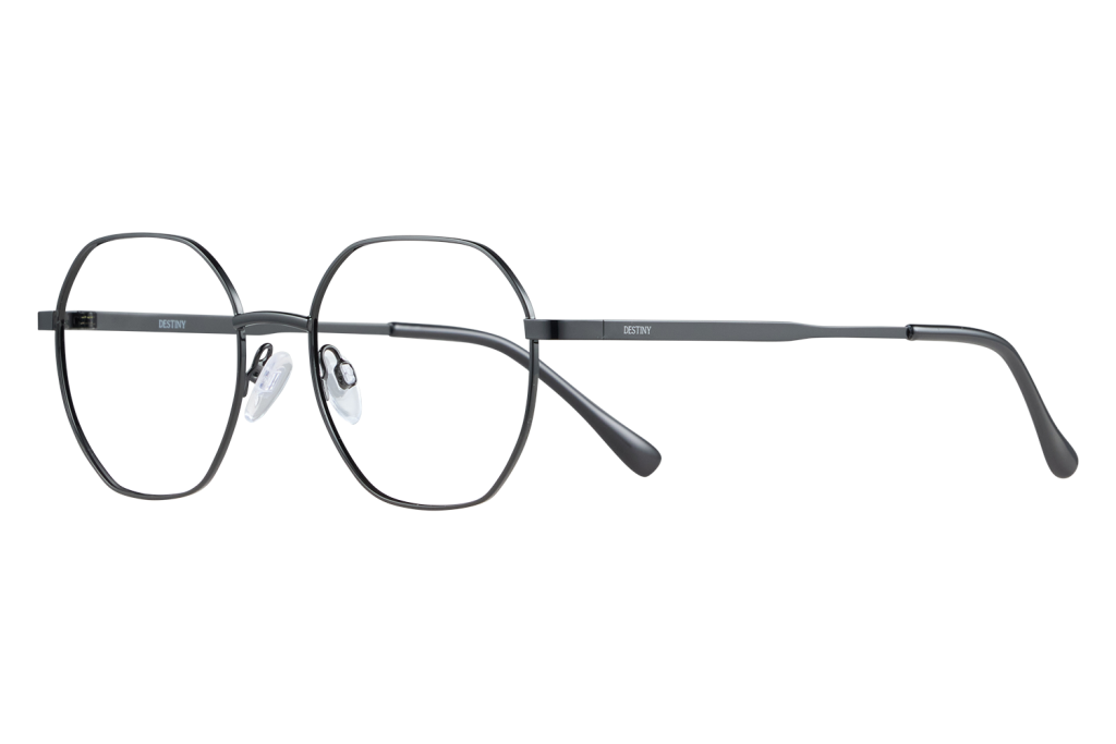 Close-up of black round eyeglasses with a slim metal frame and clear nose pads; the temple is labeled DESTINY.