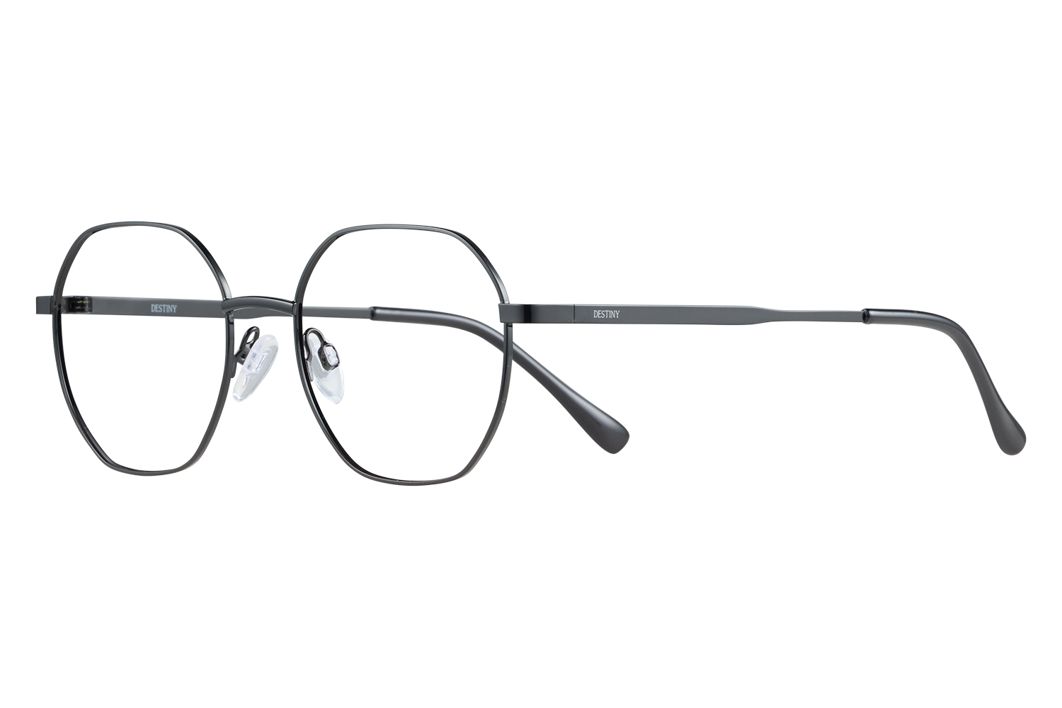 Close-up of black round eyeglasses with a slim metal frame and clear nose pads; the temple is labeled DESTINY.