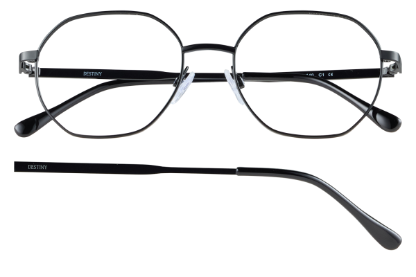 Pair of black round eyeglasses with metal frame, Destiny branding on temples, front and side views shown.