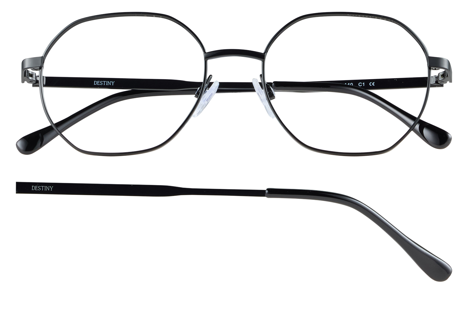 Pair of black round eyeglasses with metal frame, Destiny branding on temples, front and side views shown.