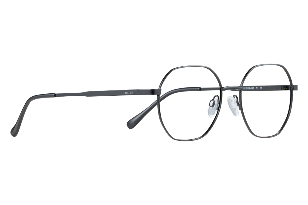 Black round metal eyeglasses with clear nose pads on a light gray surface; temple reads Destiny.