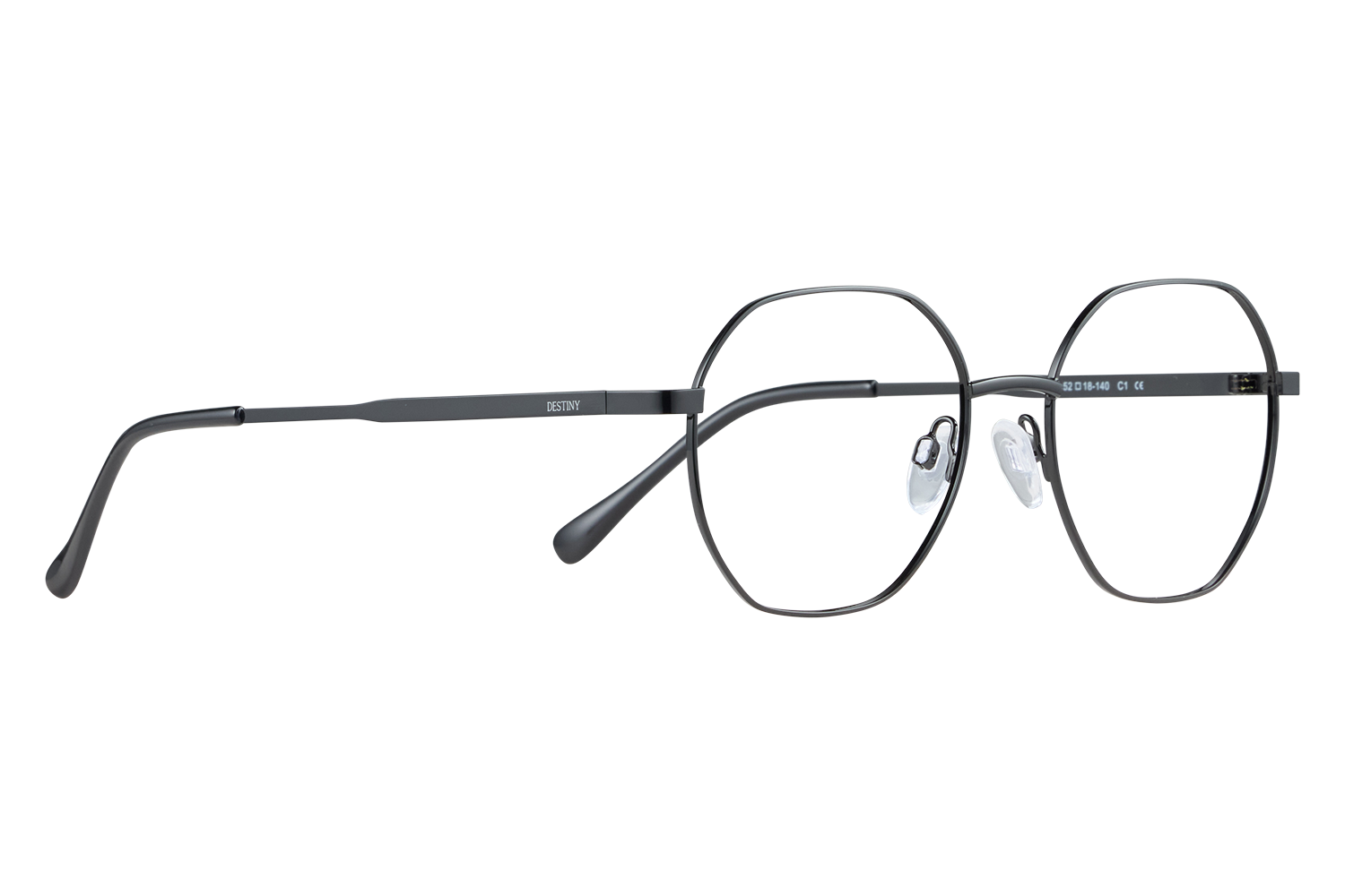 Black round metal eyeglasses with clear nose pads on a light gray surface; temple reads Destiny.