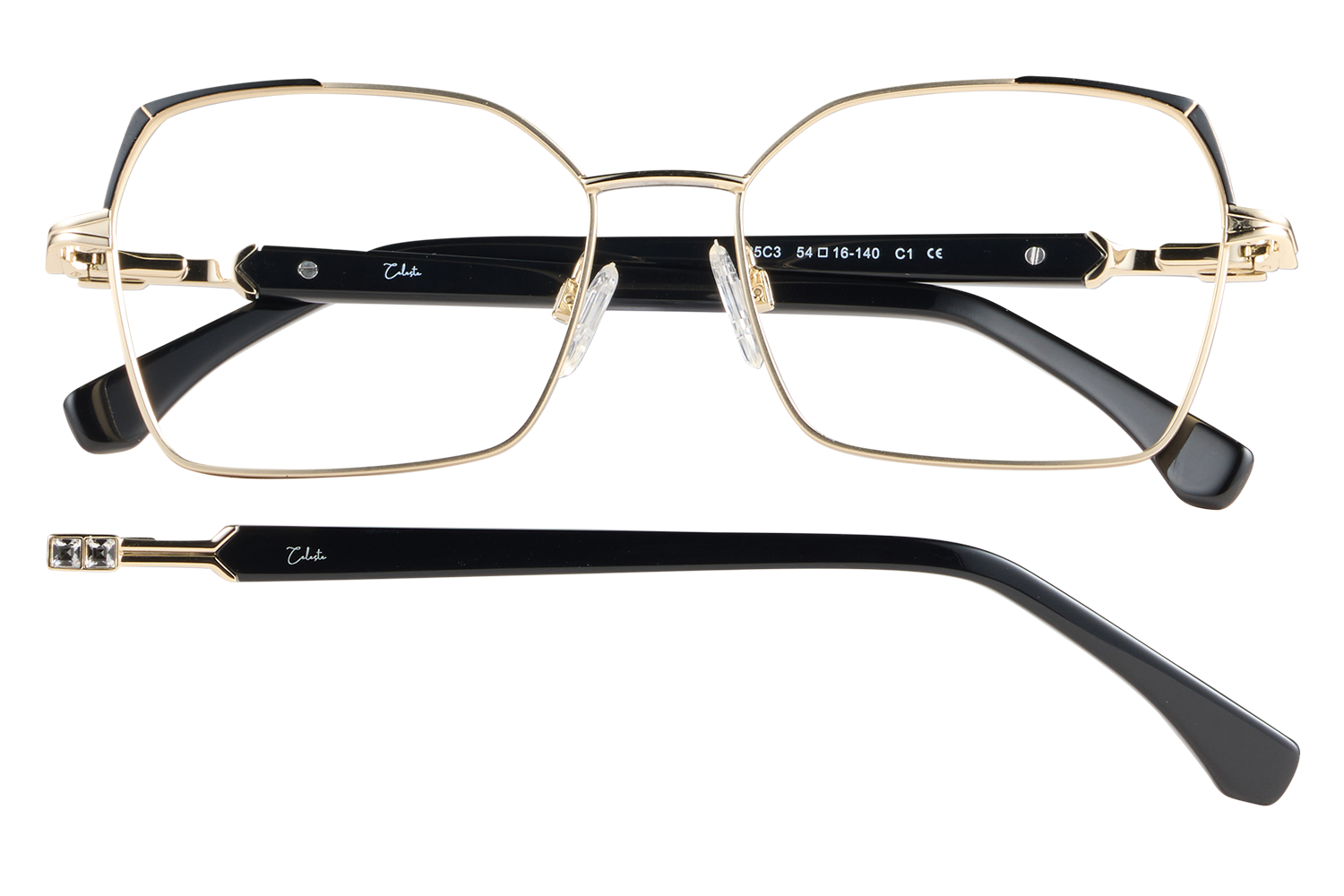 Gold-rimmed eyeglasses with rectangular lenses and black temple arms, shown from the front and side.